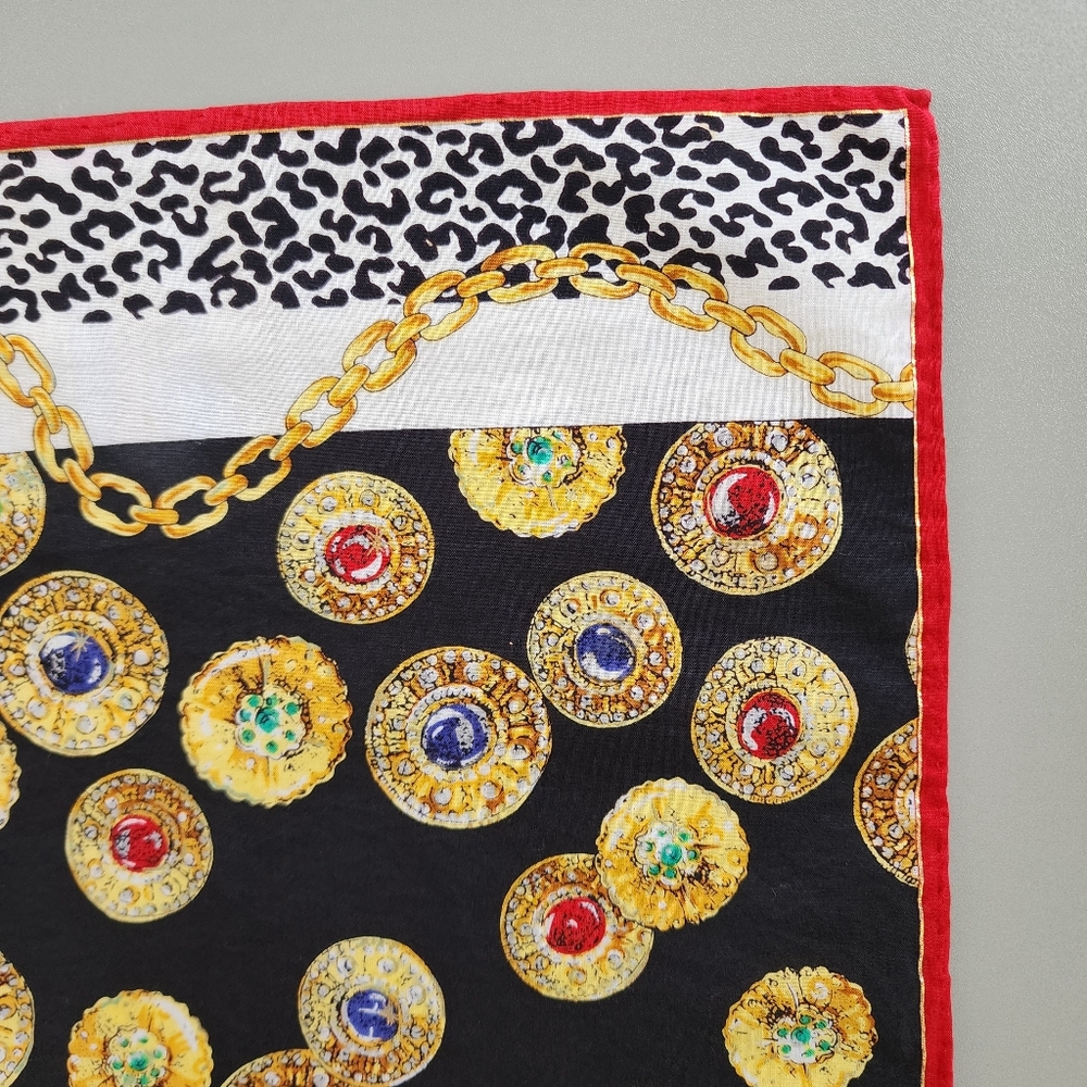 Celine Black & White Silk Bandanna with Gold, Red, Blue & Green Medallions EUC - Picture 13 of 15